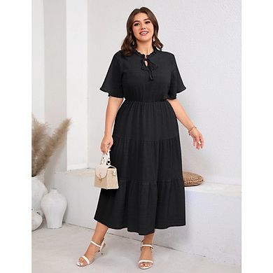 Women's Plus Size Short Sleeve Pleated Rayon Midi Dresses with Pockets for Wedding Guest