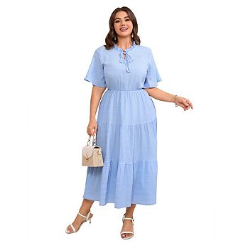 Women's Plus Size Short Sleeve Pleated Rayon Midi Dresses with Pockets for Wedding Guest