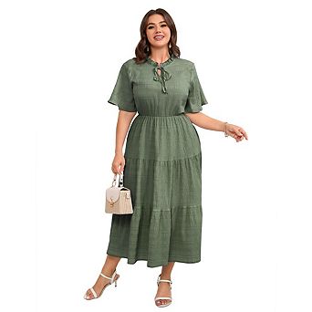 Women's Plus Size Short Sleeve Pleated Rayon Midi Dresses with Pockets for Wedding Guest