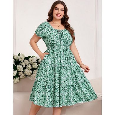 Plus Size Women's Summer Dress Square Neck Short Sleeve Boho Floral Print with Pockets