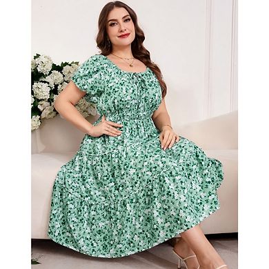 Plus Size Women's Summer Dress Square Neck Short Sleeve Boho Floral Print with Pockets