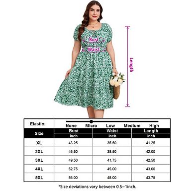Plus Size Women's Summer Dress Square Neck Short Sleeve Boho Floral Print with Pockets