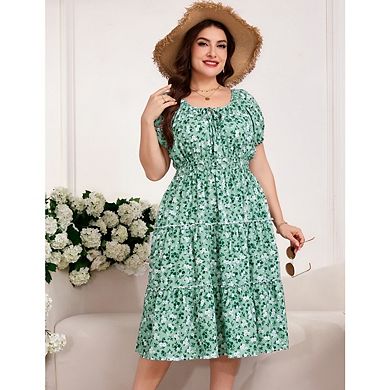 Plus Size Women's Summer Dress Square Neck Short Sleeve Boho Floral Print with Pockets