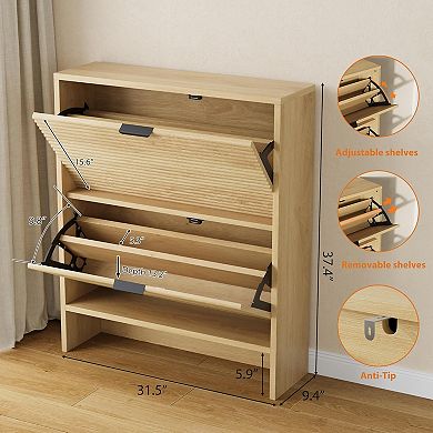 Shoe Storage Cabinet, Fluted Hidden Shoe Organizer, Freestanding Shoe Rack for Entryway