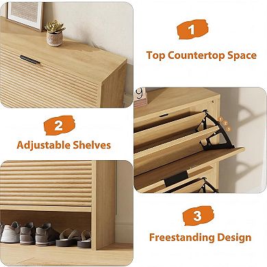 Shoe Storage Cabinet, Fluted Hidden Shoe Organizer, Freestanding Shoe Rack for Entryway