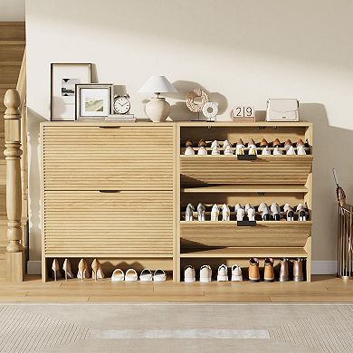 Shoe Storage Cabinet, Fluted Hidden Shoe Organizer, Freestanding Shoe Rack for Entryway