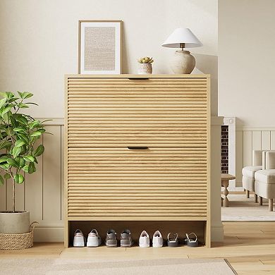 Shoe Storage Cabinet, Fluted Hidden Shoe Organizer, Freestanding Shoe Rack for Entryway