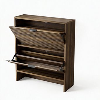 Shoe Storage Cabinet, Fluted Hidden Shoe Organizer, Freestanding Shoe Rack for Entryway