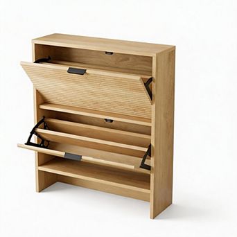 Shoe Storage Cabinet, Fluted Hidden Shoe Organizer, Freestanding Shoe Rack for Entryway
