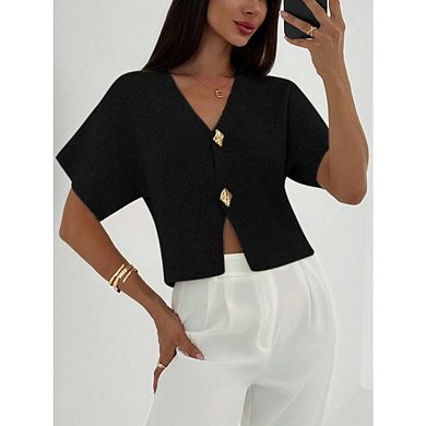Women's Short Sleeve Cardigan Sweater Button Down V Neck Slim Fit Elegant Knit Tops