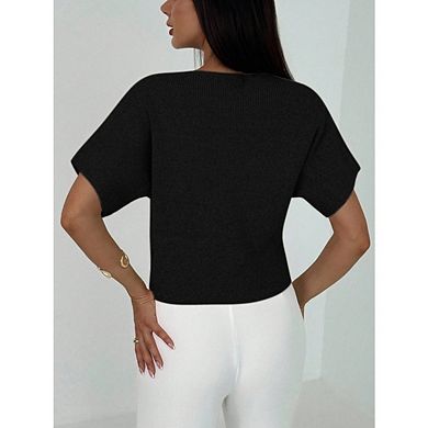 Women's Short Sleeve Cardigan Sweater Button Down V Neck Slim Fit Elegant Knit Tops