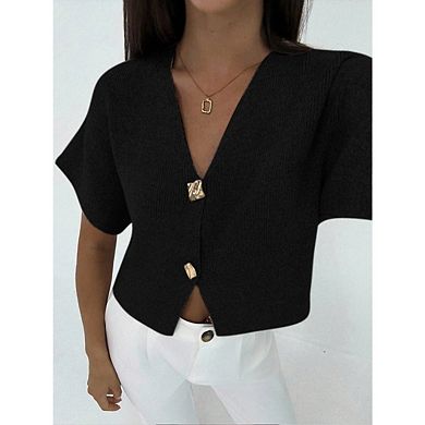 Women's Short Sleeve Cardigan Sweater Button Down V Neck Slim Fit Elegant Knit Tops