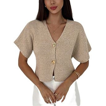 Women's Short Sleeve Cardigan Sweater Button Down V Neck Slim Fit Elegant Knit Tops