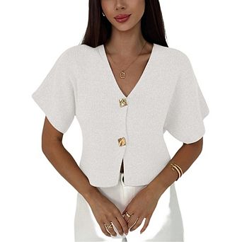 Women's Short Sleeve Cardigan Sweater Button Down V Neck Slim Fit Elegant Knit Tops