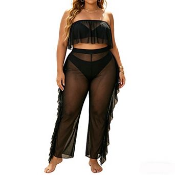 Plus Size 2 pc Beach Set, Strapless Ruffle Crop Top & Sheer Mesh Cover Up Pants