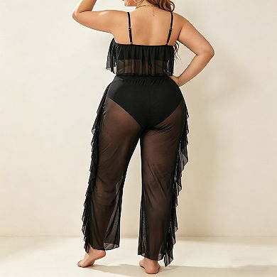 Plus Size 2 Piece Beach Set, Strapless Ruffle Crop Top & Sheer Mesh Cover Up Pants
