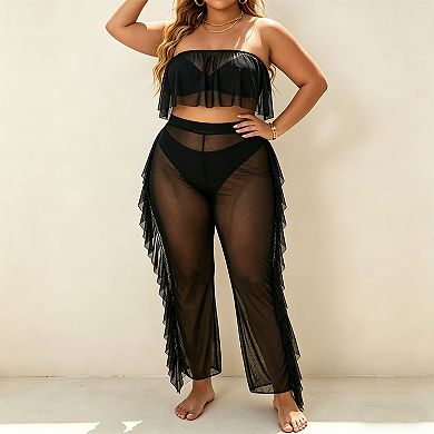 Plus Size 2 Piece Beach Set, Strapless Ruffle Crop Top & Sheer Mesh Cover Up Pants