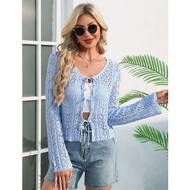 Women's Crochet Knit Bell Long Sleeve Cropped Cardigan Sweater Tie Front Crop Top