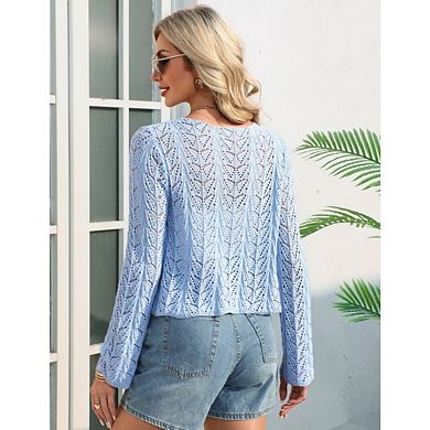 Women's Crochet Knit Bell Long Sleeve Cropped Cardigan Sweater Tie Front Crop Top