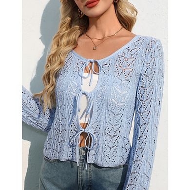 Women's Crochet Knit Bell Long Sleeve Cropped Cardigan Sweater Tie Front Crop Top