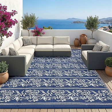 Waterproof Reversible Outdoor Rug, Boho Leaf Patio Mat with 4 Stakes and Storage Bag, for Picnic