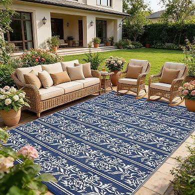 Waterproof Reversible Outdoor Rug, Boho Leaf Patio Mat with 4 Stakes and Storage Bag, for Picnic