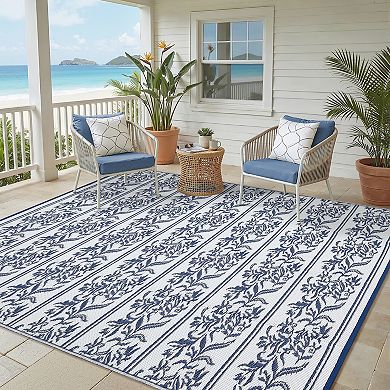 Waterproof Reversible Outdoor Rug, Boho Leaf Patio Mat with 4 Stakes and Storage Bag, for Picnic