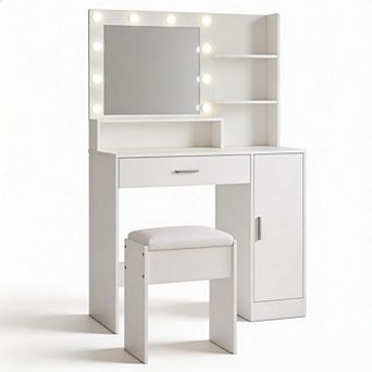 Vanity Desk with 3-Color LED Mirror, Drawer, Cabinet, Power & Stool