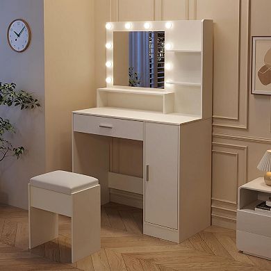 Vanity Desk with 3-Color LED Mirror, Drawer, Cabinet, Power & Stool
