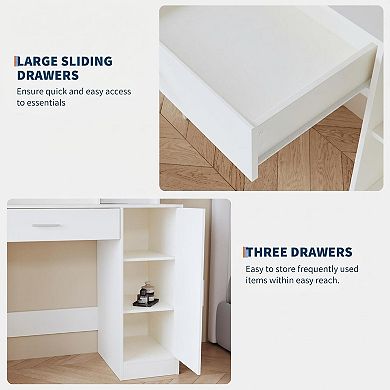 Vanity Desk with 3-Color LED Mirror, Drawer, Cabinet, Power & Stool
