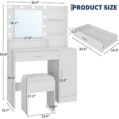 Vanity Desk with 3-Color LED Mirror, Drawer, Cabinet, Power & Stool