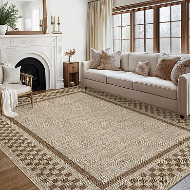 Washable Area Rug，Modern Checkerboard Design with Border, Non-Shedding