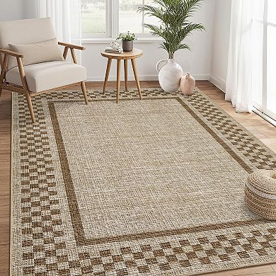 Washable Area Rug，Modern Checkerboard Design with Border, Non-Shedding