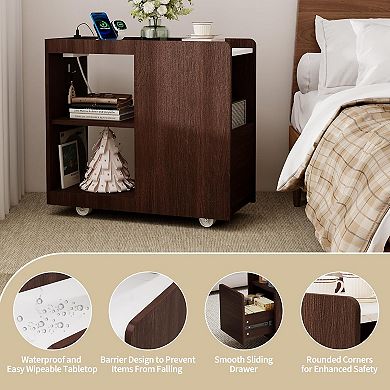 Wood Side Table, End Table with Rack, Couch Side Table with Wheels, Slim Nightstand for Bedroom