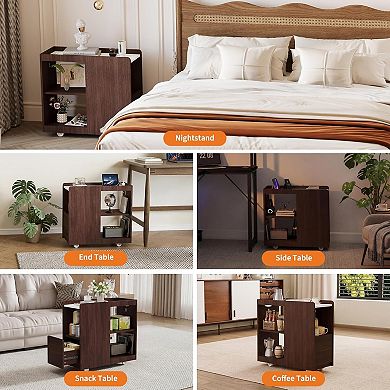 Wood Side Table, End Table with Rack, Couch Side Table with Wheels, Slim Nightstand for Bedroom