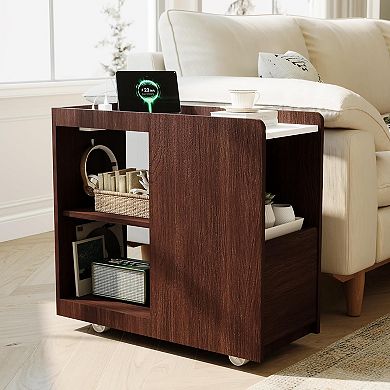 Wood Side Table, End Table with Rack, Couch Side Table with Wheels, Slim Nightstand for Bedroom