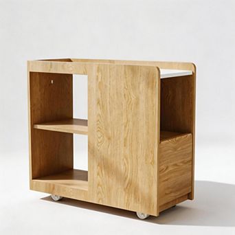 Wood Side Table, End Table with Rack, Couch Side Table with Wheels, Slim Nightstand for Bedroom