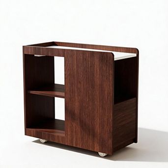 Wood Side Table, End Table with Rack, Couch Side Table with Wheels, Slim Nightstand for Bedroom