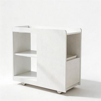 Wood Side Table, End Table with Rack, Couch Side Table with Wheels, Slim Nightstand for Bedroom