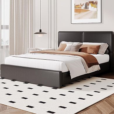 Upholstered Platform Bed Frame with Headboard, Wooden Slat Support, No Box Spring Required
