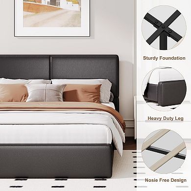 Upholstered Platform Bed Frame with Headboard, Wooden Slat Support, No Box Spring Required