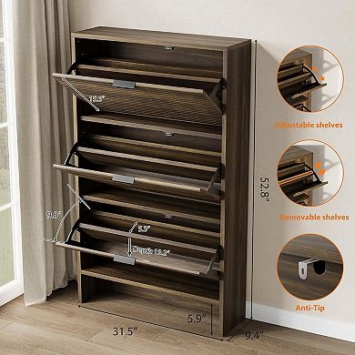Shoe Storage Cabinet for Entryway, Fluted Shoe Cabinet with 3 Flip Drawers Doors, Hidden Shoe Rack