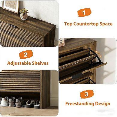 Shoe Storage Cabinet for Entryway, Fluted Shoe Cabinet with 3 Flip Drawers Doors, Hidden Shoe Rack