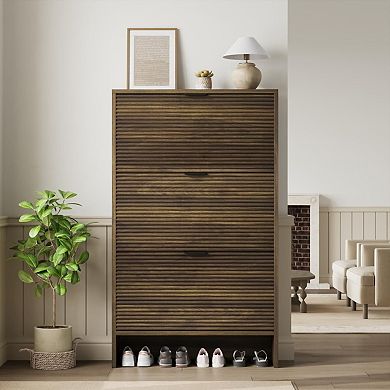 Shoe Storage Cabinet for Entryway, Fluted Shoe Cabinet with 3 Flip Drawers Doors, Hidden Shoe Rack