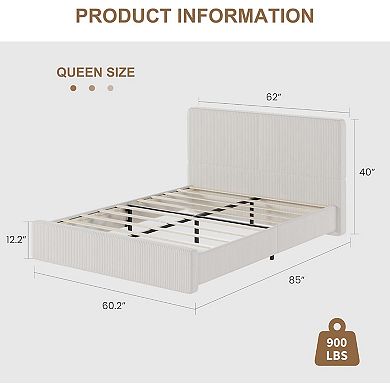 Upholstered Platform Bed Frame with Headboard, Wooden Slat Support, No Box Spring Required