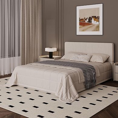 Upholstered Platform Bed Frame with Headboard, Wooden Slat Support, No Box Spring Required