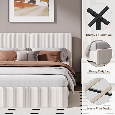 Upholstered Platform Bed Frame with Headboard, Wooden Slat Support, No Box Spring Required
