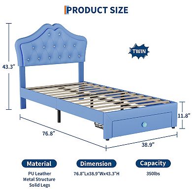 Twin Bed Frame with Velvet Crystal Button Headboard, No Box Spring Needed for Kids, Teens