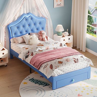 Twin Bed Frame with Velvet Crystal Button Headboard, No Box Spring Needed for Kids, Teens