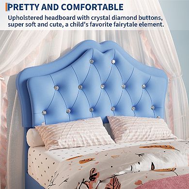 Twin Bed Frame with Velvet Crystal Button Headboard, No Box Spring Needed for Kids, Teens